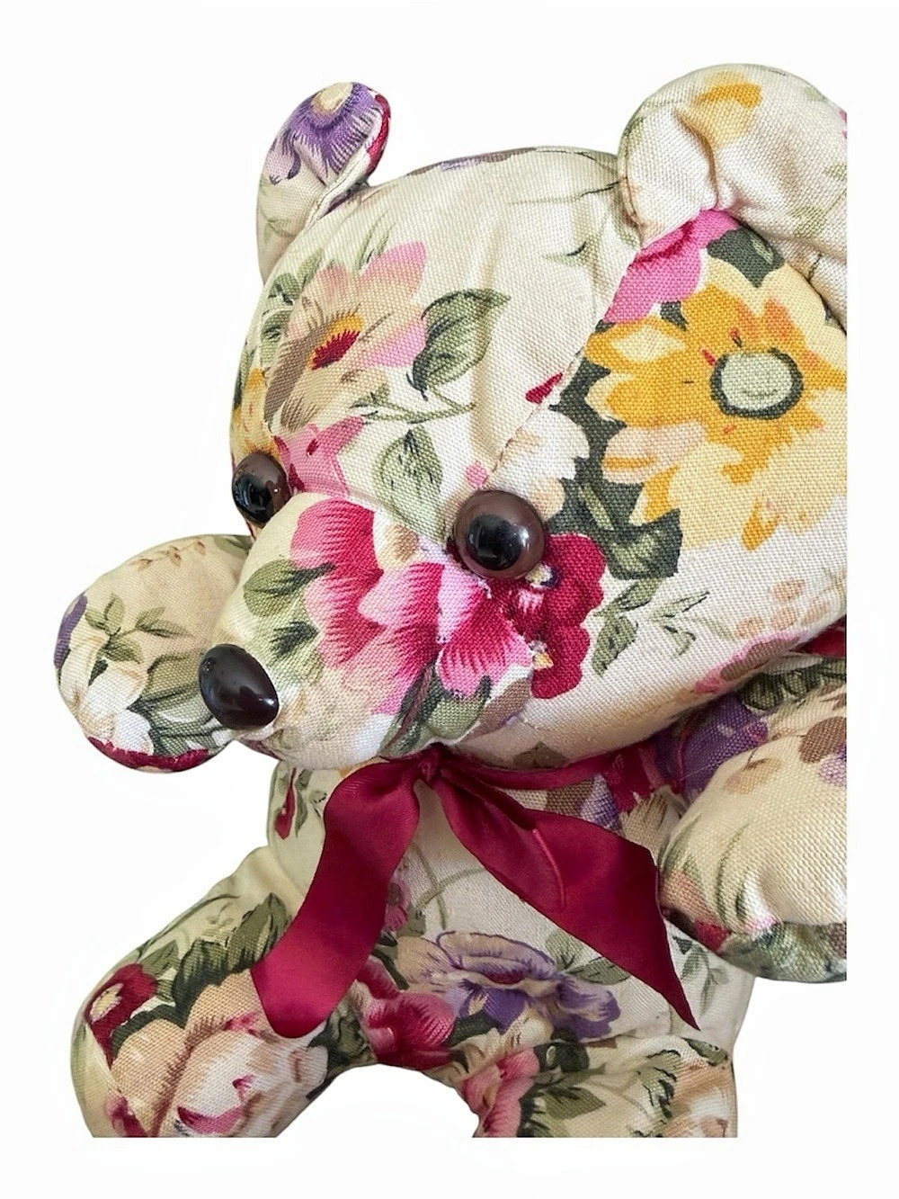 Vintage Floral Bear Plush Teddy 1989 Fabric Milaca Mills Flowers Tail Y2K 90s - Picture 5 of 7